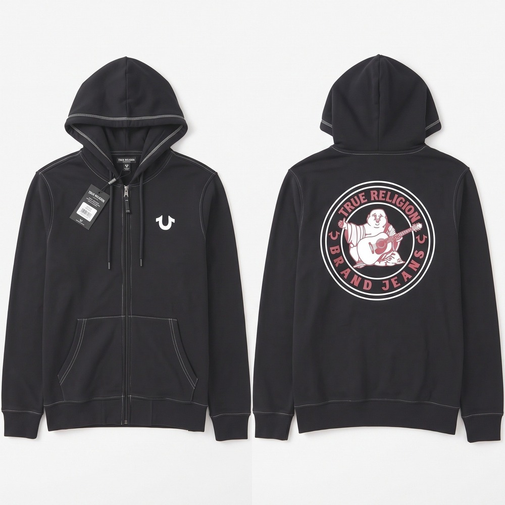 True Religion Zip Hoodie Men L Black Cotton Buddha Logo Contrast Stitch Y2K Boho